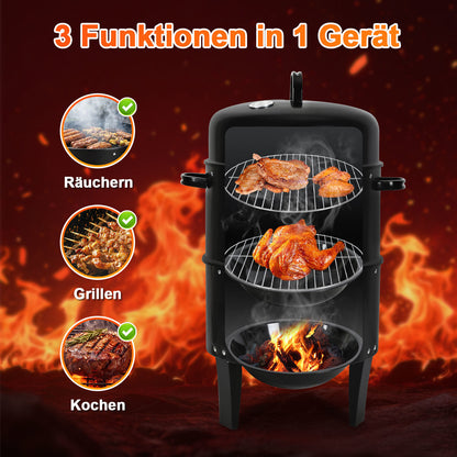Hengda 3 in 1 Smoker Räucherofen, Holzkohle Räuchergrill mit Thermometer