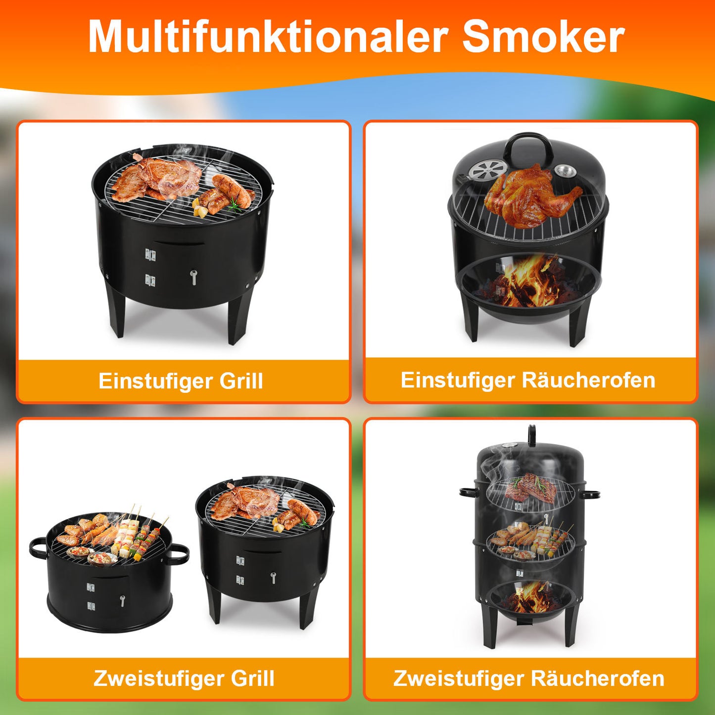 Hengda 3 in 1 Smoker Räucherofen, Holzkohle Räuchergrill mit Thermometer