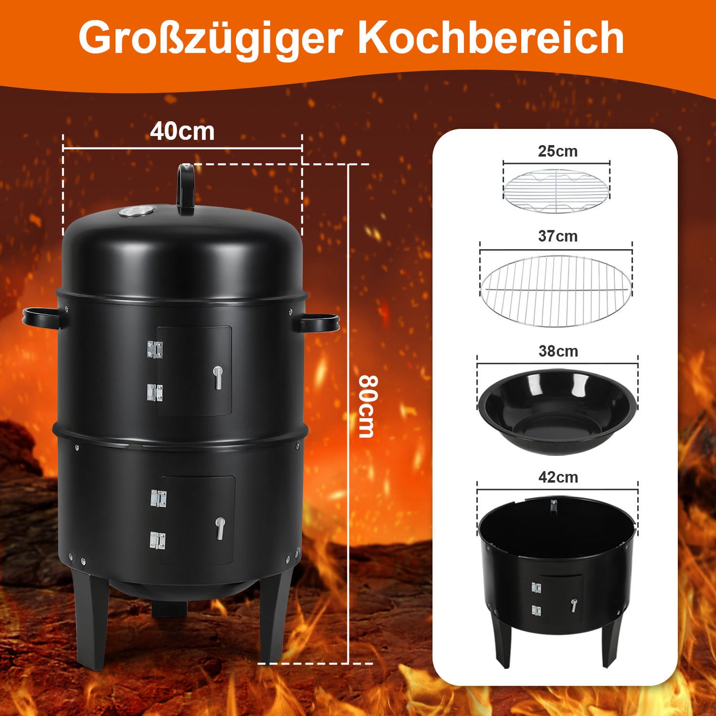 Hengda 3 in 1 Smoker Räucherofen, Holzkohle Räuchergrill mit Thermometer