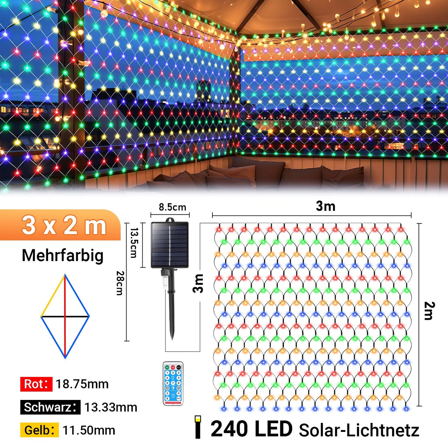 Hengda Solar LED Lichternetz IP44 Außen | Lichtervorhang mit Fernbedienung & Timer | LED Lichterkette für Garten, Fenster, Balkon & Weihnachtsdeko