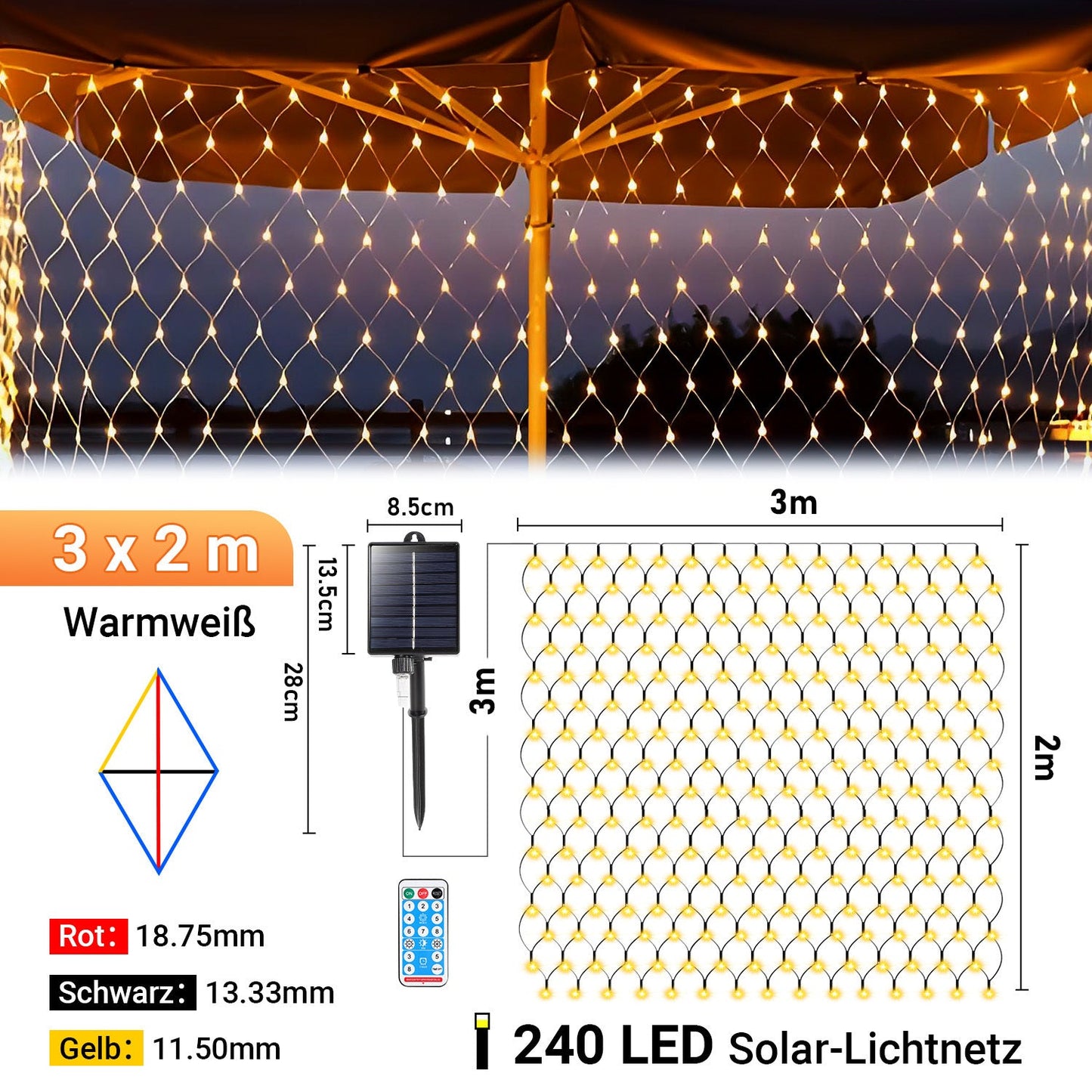 Hengda Solar LED Lichternetz IP44 Außen | Lichtervorhang mit Fernbedienung & Timer | LED Lichterkette für Garten, Fenster, Balkon & Weihnachtsdeko