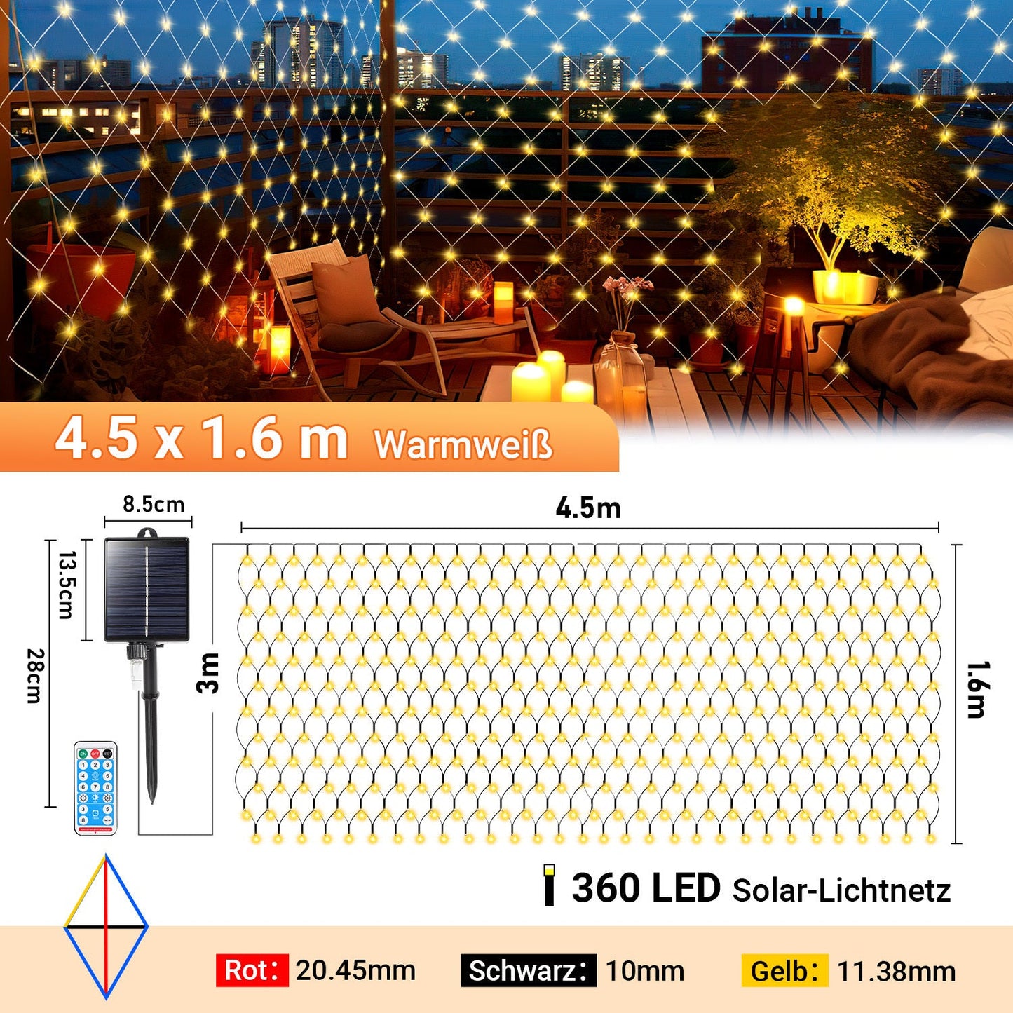 Hengda Solar LED Lichternetz IP44 Außen | Lichtervorhang mit Fernbedienung & Timer | LED Lichterkette für Garten, Fenster, Balkon & Weihnachtsdeko