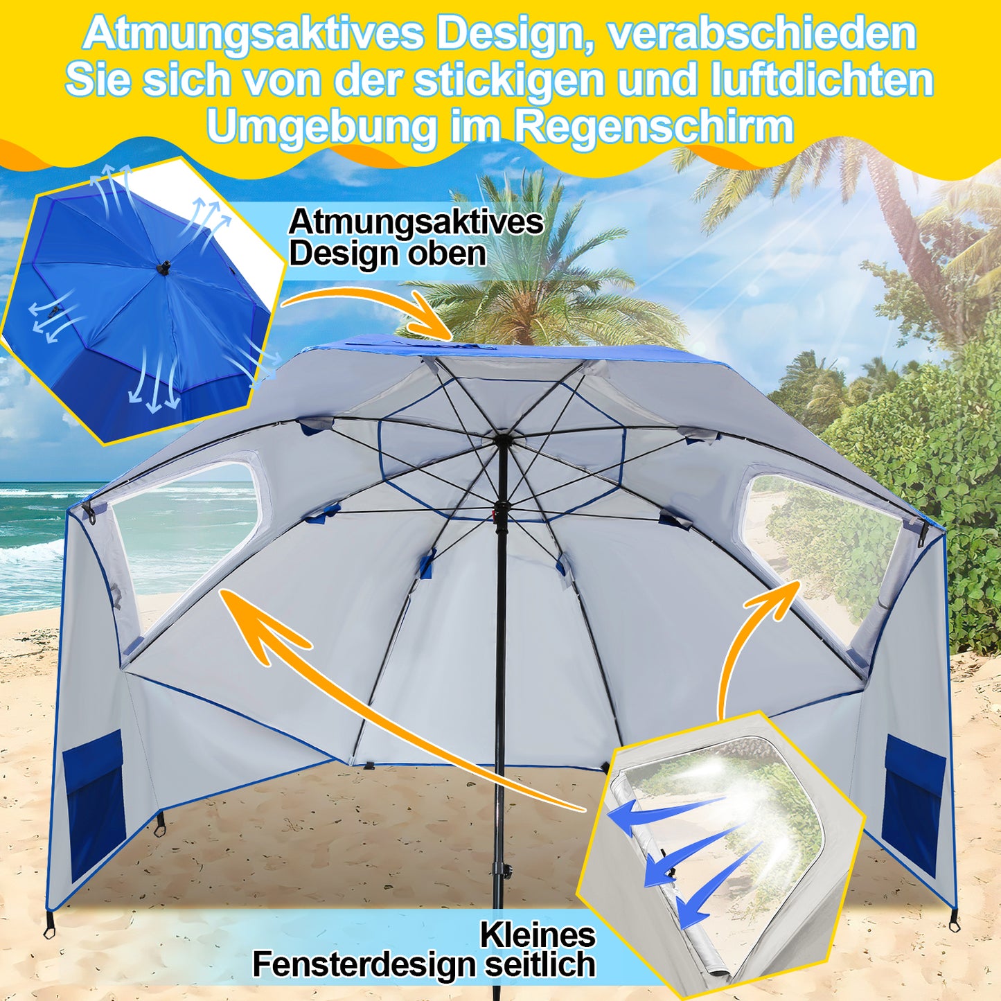 Hengda 2-in-1 Alu Strandschirm, Strandmuschel & Sonnenschirm Ø210×220 cm UV50+, mit Windschutz, faltbar & leicht