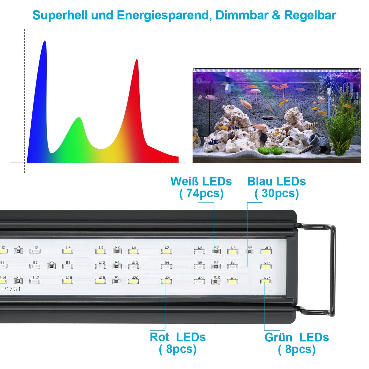 Hengda Aquarium LED Beleuchtung RGB Vollspektrum | Dimmbare Aquarium Lampe mit Ausziehbarer Halterung | LED Aquariumleuchte für Süßwasser- & Meerwasser-Aquarien