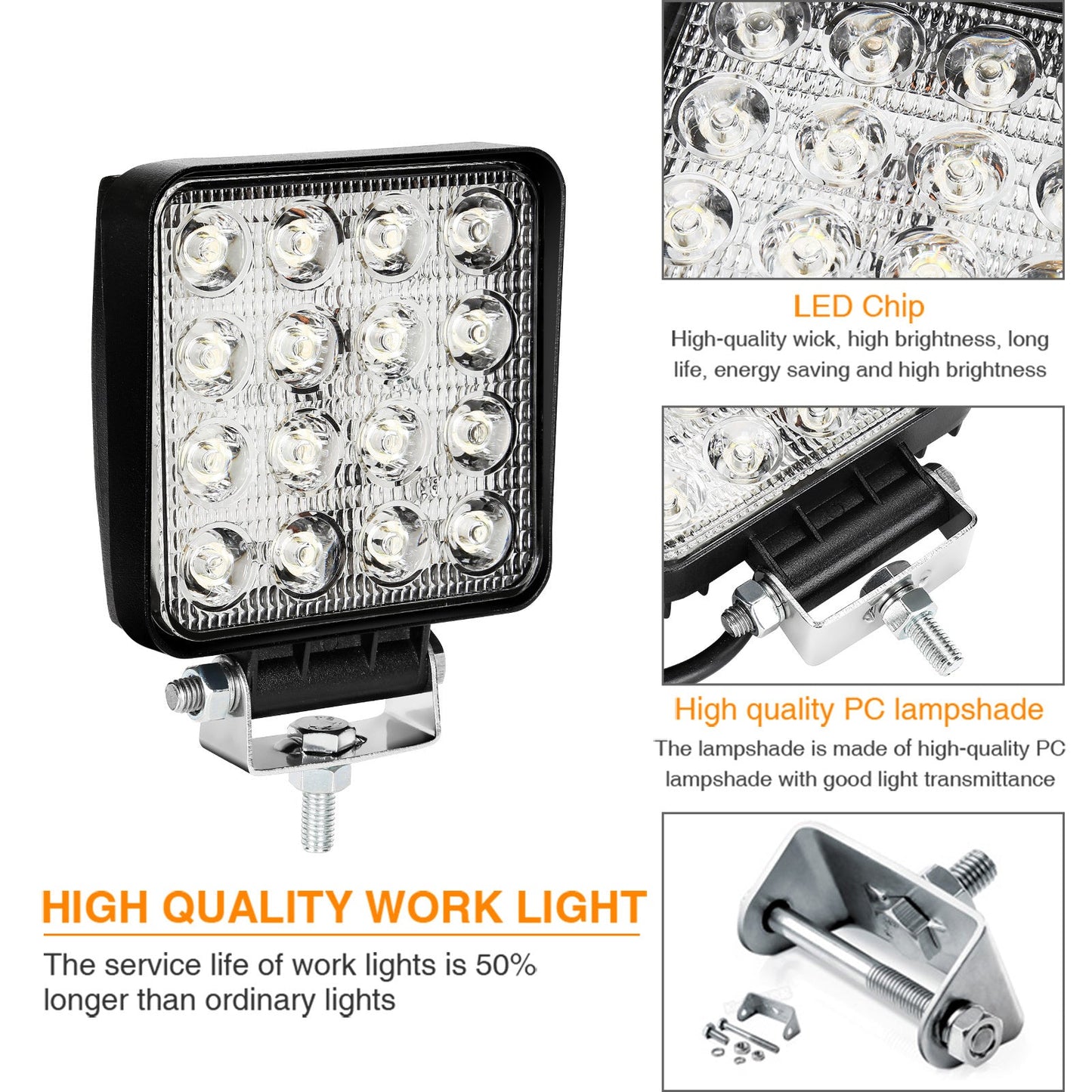 Hengda 48W LED Arbeitsscheinwerfer, IP67 Wasserdicht Rechteck Zusatzscheinwerfer, 12V 6500K LED Scheinwerfer, Rückfahrscheinwerfer