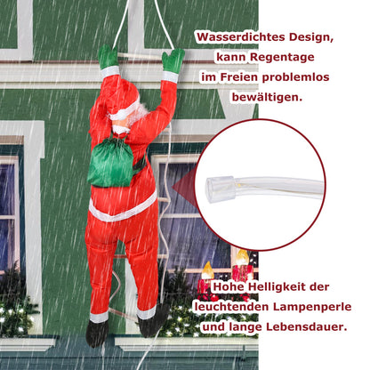 Hengda Weihnachtsmann auf Leiter 120cm mit 80 LED beleuchtet Weihnachts Deko Kletternder Nikolaus für Innen- und Außen