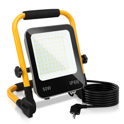 Hengda LED Baustrahler 50-200W mit Ständer | Arbeitsleuchte 6000K Kaltweiß | IP66 Wasserdichter LED Fluter mit 3 m Kabel & Stecker für Baustelle, Werkstatt, Garage