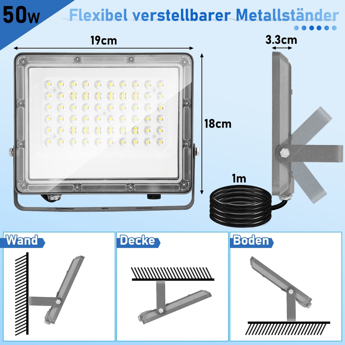 Hengda LED Strahler Außen 10–200W | LED Fluter 6000K Kaltweiß | IP65 Wasserdichter Außenstrahler mit 120° Abstrahlwinkel für Garten, Hof, Garage & Fassadenbeleuchtung (ohne Stecker)