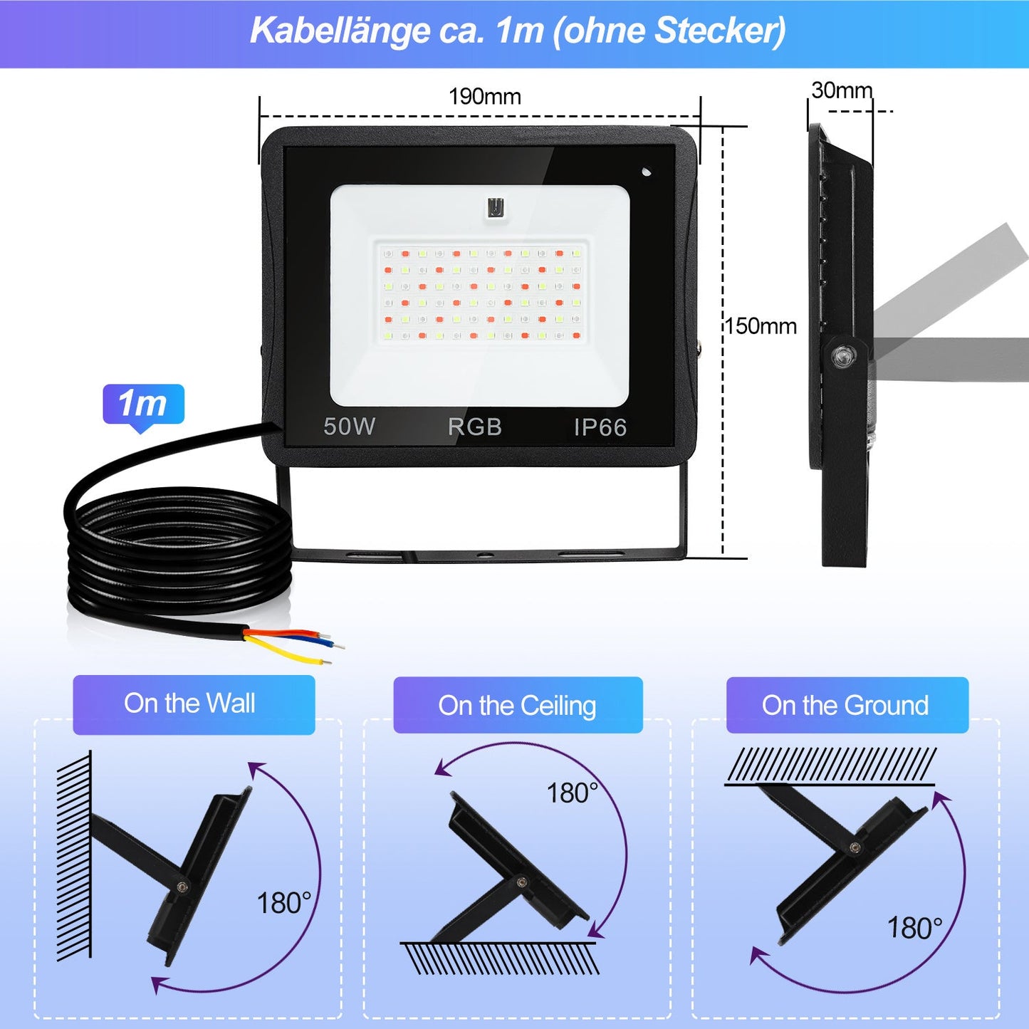 Hengda RGB LED Strahler Außen mit Fernbedienung, 10/20/30/50 W Fluter LED Dimmbar, Flutlicht IP66 Wasserdicht, 4 Modi