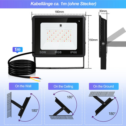 Hengda RGB LED Strahler Außen mit Fernbedienung, 10/20/30/50 W Fluter LED Dimmbar, Flutlicht IP66 Wasserdicht, 4 Modi