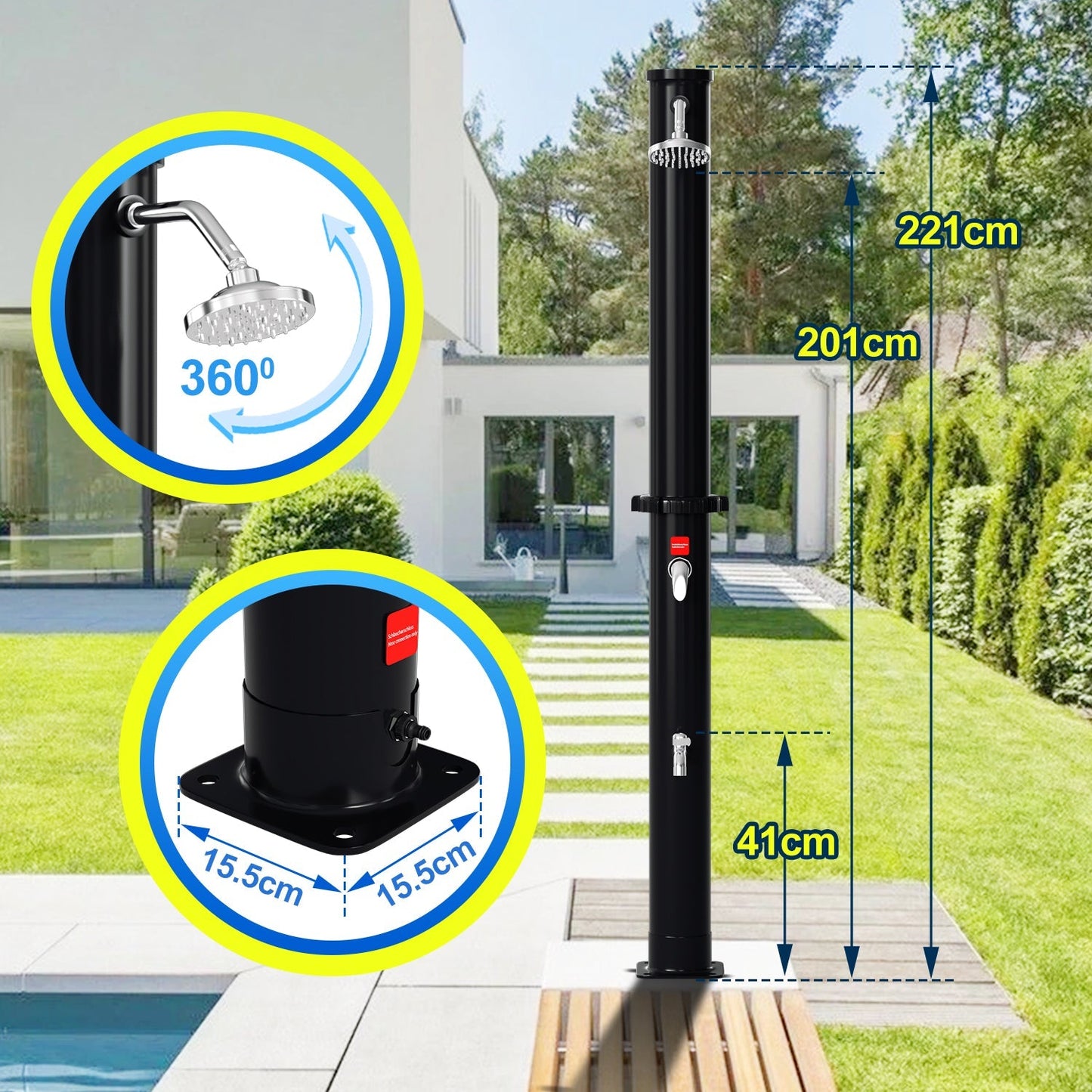 Hengda Solar Gartendusche 20/35/40 L mit Regenduschkopf & Schutzhaube | Solardusche bis 60 °C ohne Strom | Outdoor Pooldusche für Garten, Camping & Terrasse