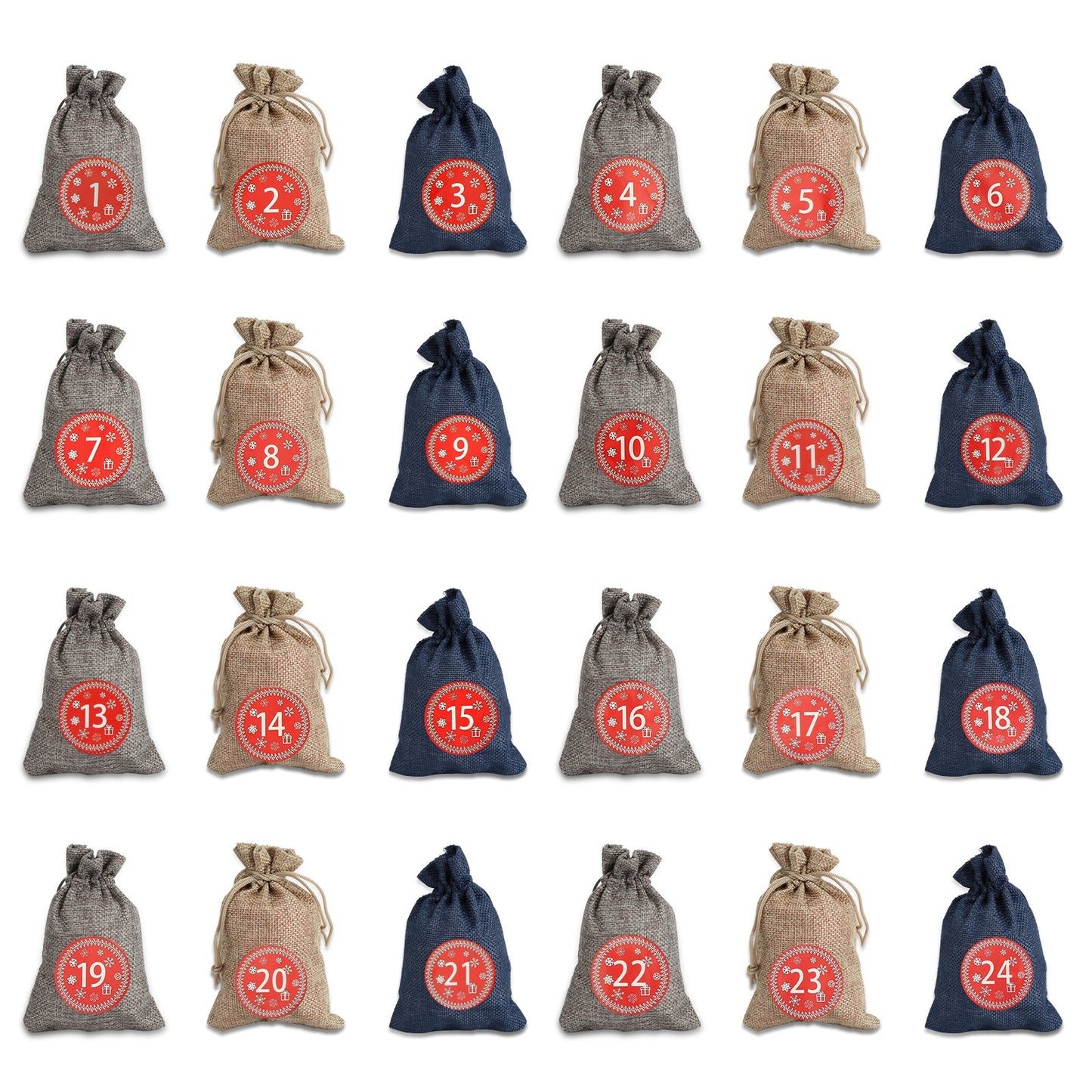 Hengda 24 Adventskalender zum Befüllen Stoffbeutel Weihnachten Geschenksäckchen mit Aufkleber Mini-Holzklammern Hanfseile Weihnachtskalender tüten Geschenkbeutel 22 x 15 cm