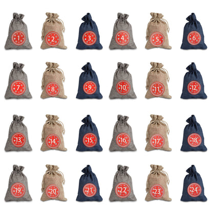 Hengda 24 Adventskalender zum Befüllen Stoffbeutel Weihnachten Geschenksäckchen mit Aufkleber Mini-Holzklammern Hanfseile Weihnachtskalender tüten Geschenkbeutel 22 x 15 cm