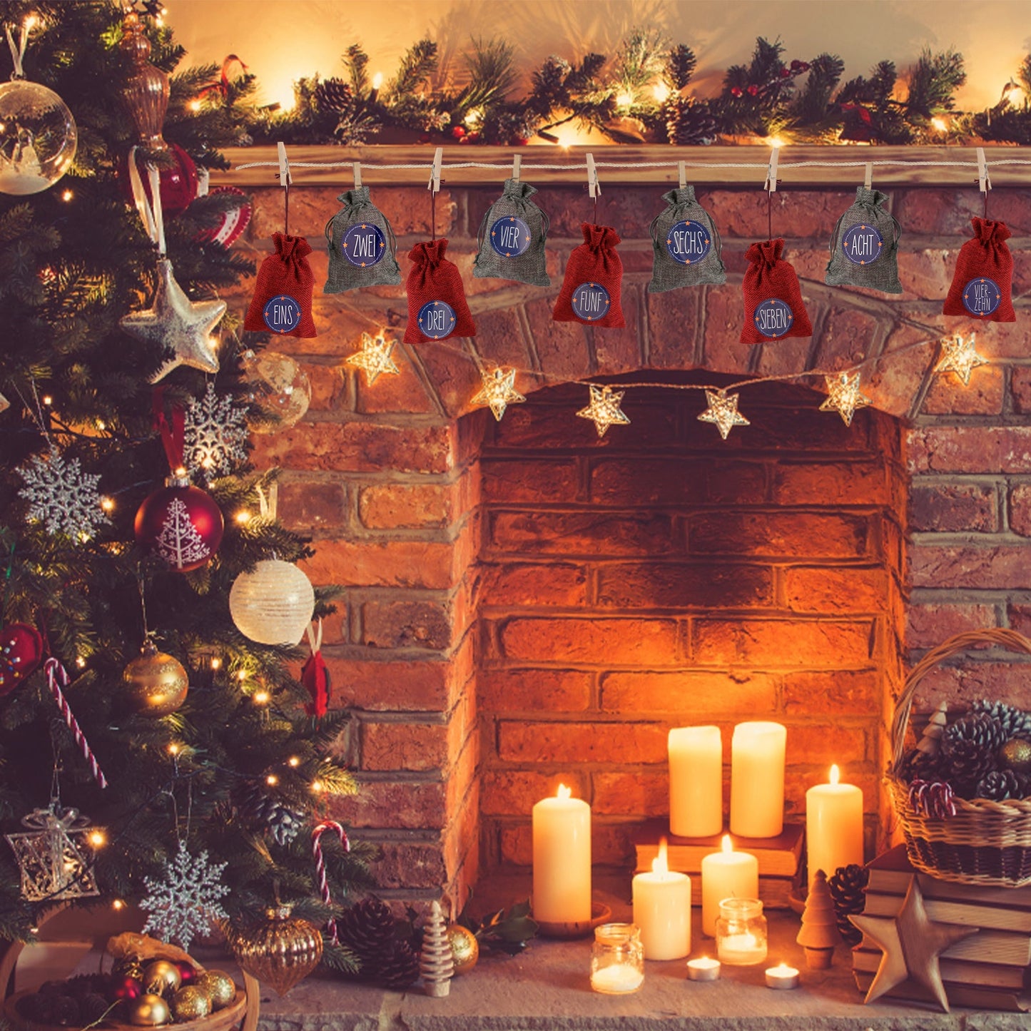 Hengda 24 Adventskalender zum Befüllen Stoffbeutel Weihnachten Geschenksäckchen mit Aufkleber Mini-Holzklammern Hanfseile Weihnachtskalender tüten Geschenkbeutel 22 x 15 cm
