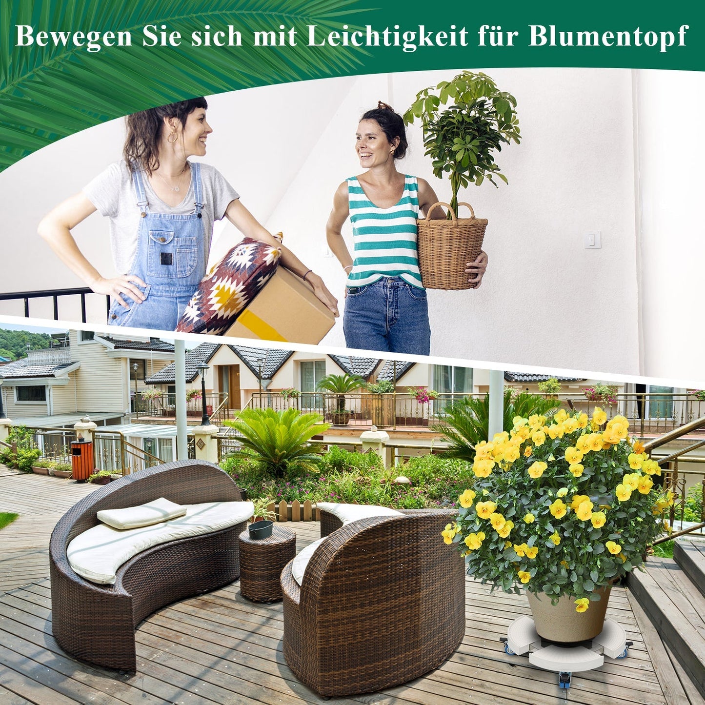 Hengda Pflanzenroller rund mit Handschuhen, Ø 38cm bis 52cm, Blumentopf Rolluntersetzer mit Rollen Blumenroller