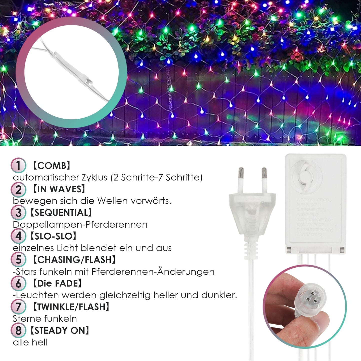 Hengda LED Lichternetz Lichtervorhang Lichterkette Außenlichterkette Strip 8 Modi