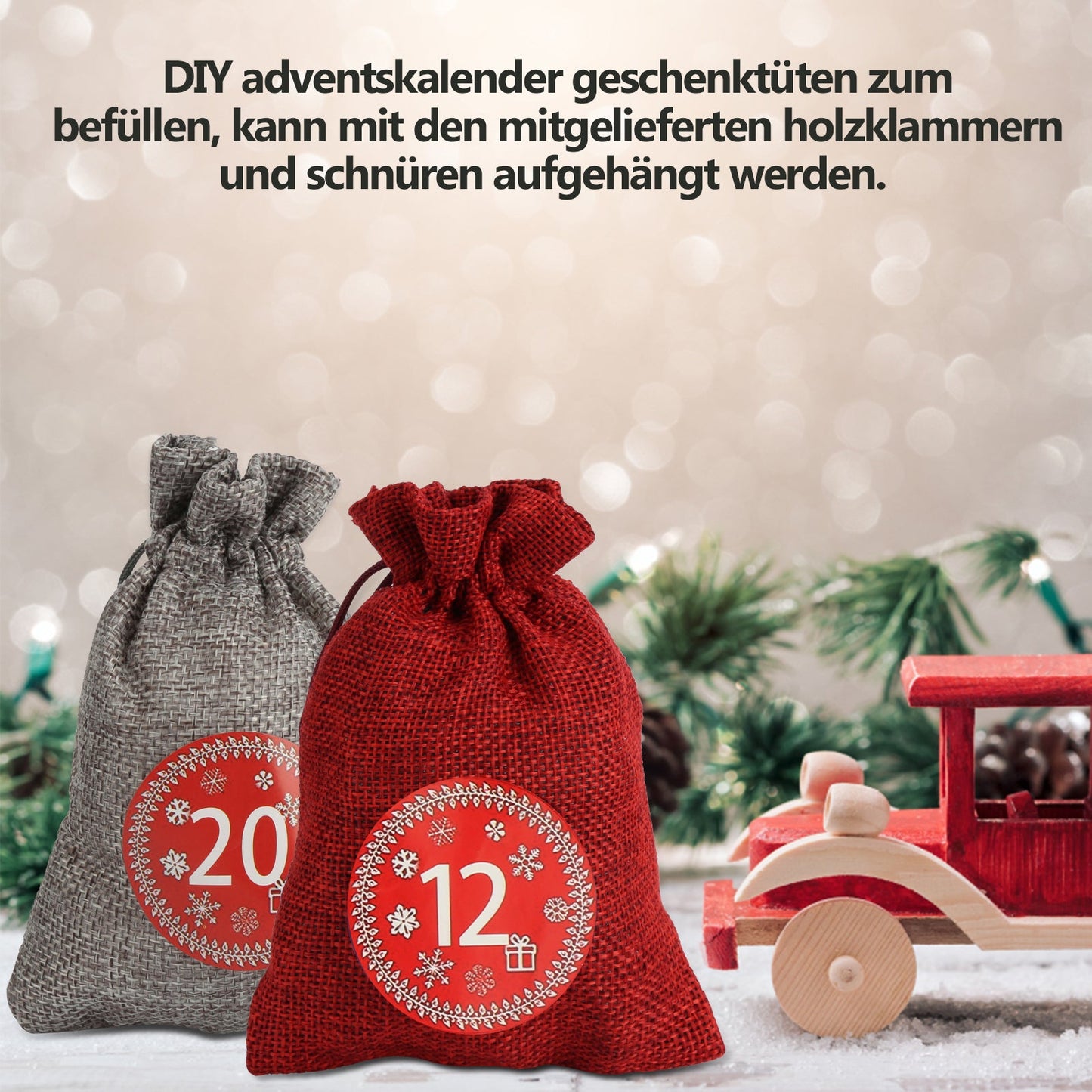 Hengda 24 Adventskalender zum Befüllen Stoffbeutel Weihnachten Geschenksäckchen mit Aufkleber Mini-Holzklammern Hanfseile Weihnachtskalender tüten Geschenkbeutel 22 x 15 cm