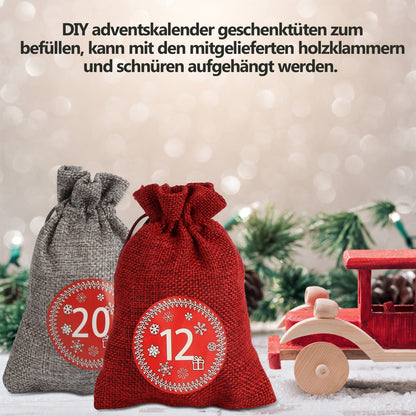 Hengda 24 Adventskalender zum Befüllen Stoffbeutel Weihnachten Geschenksäckchen mit Aufkleber Mini-Holzklammern Hanfseile Weihnachtskalender tüten Geschenkbeutel 22 x 15 cm