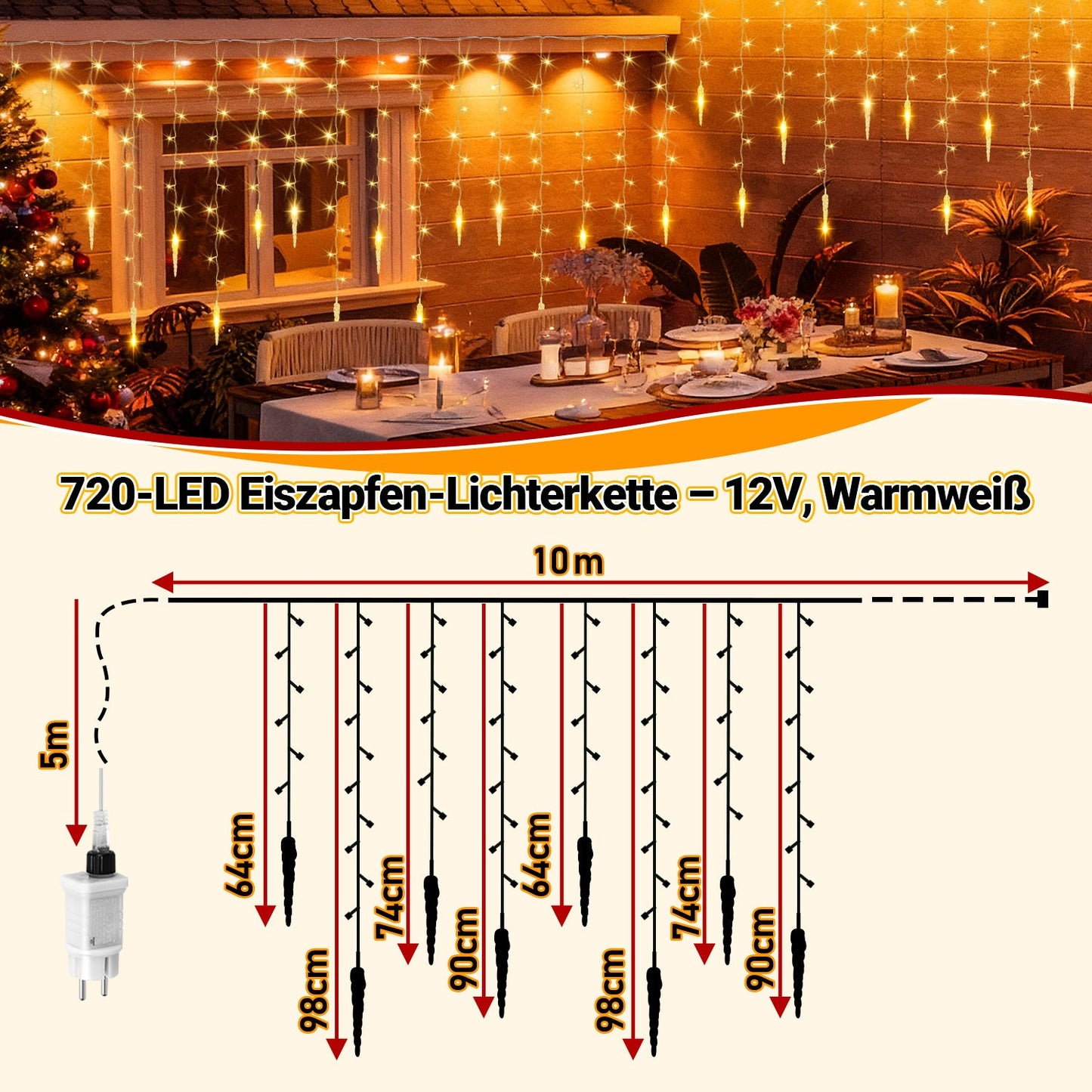 Hengda LED Eiszapfen Lichterkette Außen mit Fernbedienung | 8 Modi & Timer Weihnachtslichterkette IP44 | LED Lichterkette für Garten, Balkon & Hausfassade
