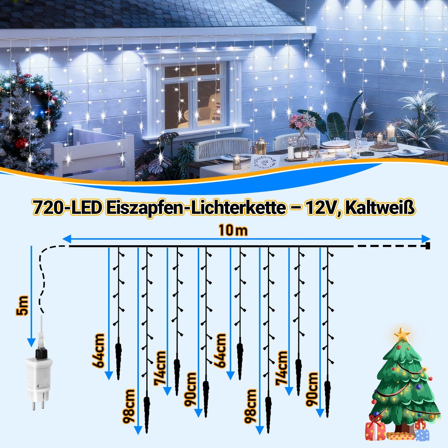Hengda LED Eiszapfen Lichterkette Außen mit Fernbedienung | 8 Modi & Timer Weihnachtslichterkette IP44 | LED Lichterkette für Garten, Balkon & Hausfassade
