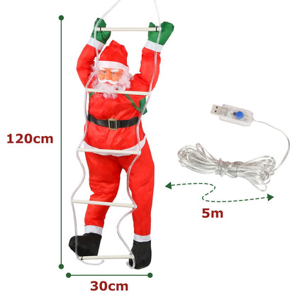 Hengda Weihnachtsmann auf Leiter 120cm mit 80 LED beleuchtet Weihnachts Deko Kletternder Nikolaus für Innen- und Außen