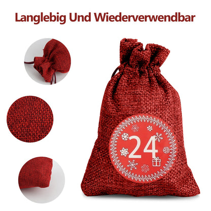 Hengda 24 Adventskalender zum Befüllen Stoffbeutel Weihnachten Geschenksäckchen mit Aufkleber Mini-Holzklammern Hanfseile Weihnachtskalender tüten Geschenkbeutel 22 x 15 cm