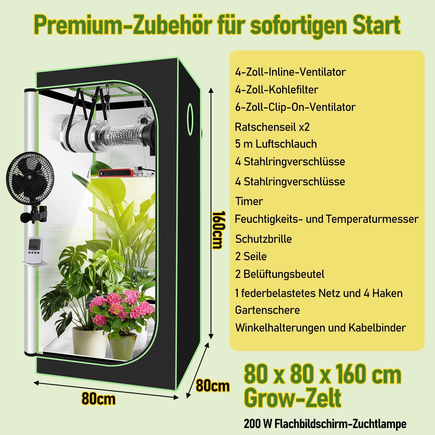 Hengda Growzelt Komplettset, Growbox mit LED Grow Lampe, Gewächshaus, Pflanzenzelt inkl. Belüftungssystem