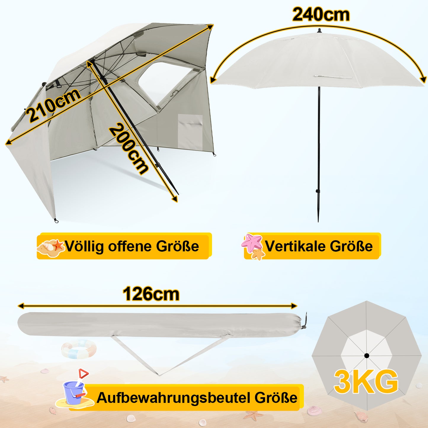 Hengda 2-in-1 Alu Strandschirm, Strandmuschel & Sonnenschirm Ø210×220 cm UV50+, mit Windschutz, faltbar & leicht