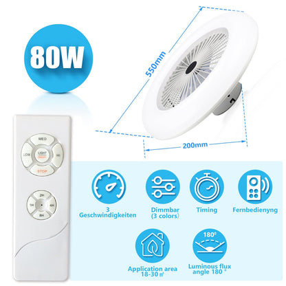Hengda LED Deckenventilator mit Beleuchtung Ø55 cm | 80 W Deckenleuchte mit Ventilator & Fernbedienung | 3 Windgeschwindigkeiten, 3 Lichtfarben | Leiser Deckenventilator für Wohnzimmer & Schlafzimmer