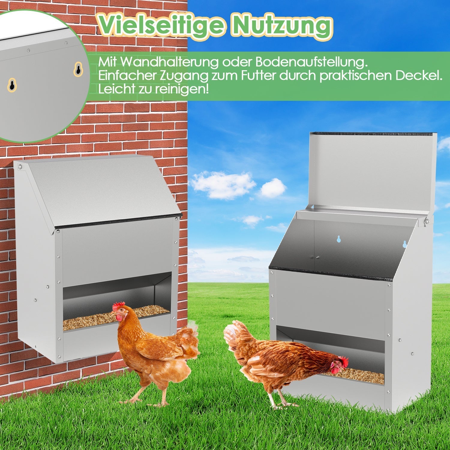 Hühnerfutterautomat 4,5 kg / 11,5 kg mit Deckel & Wandhalterung