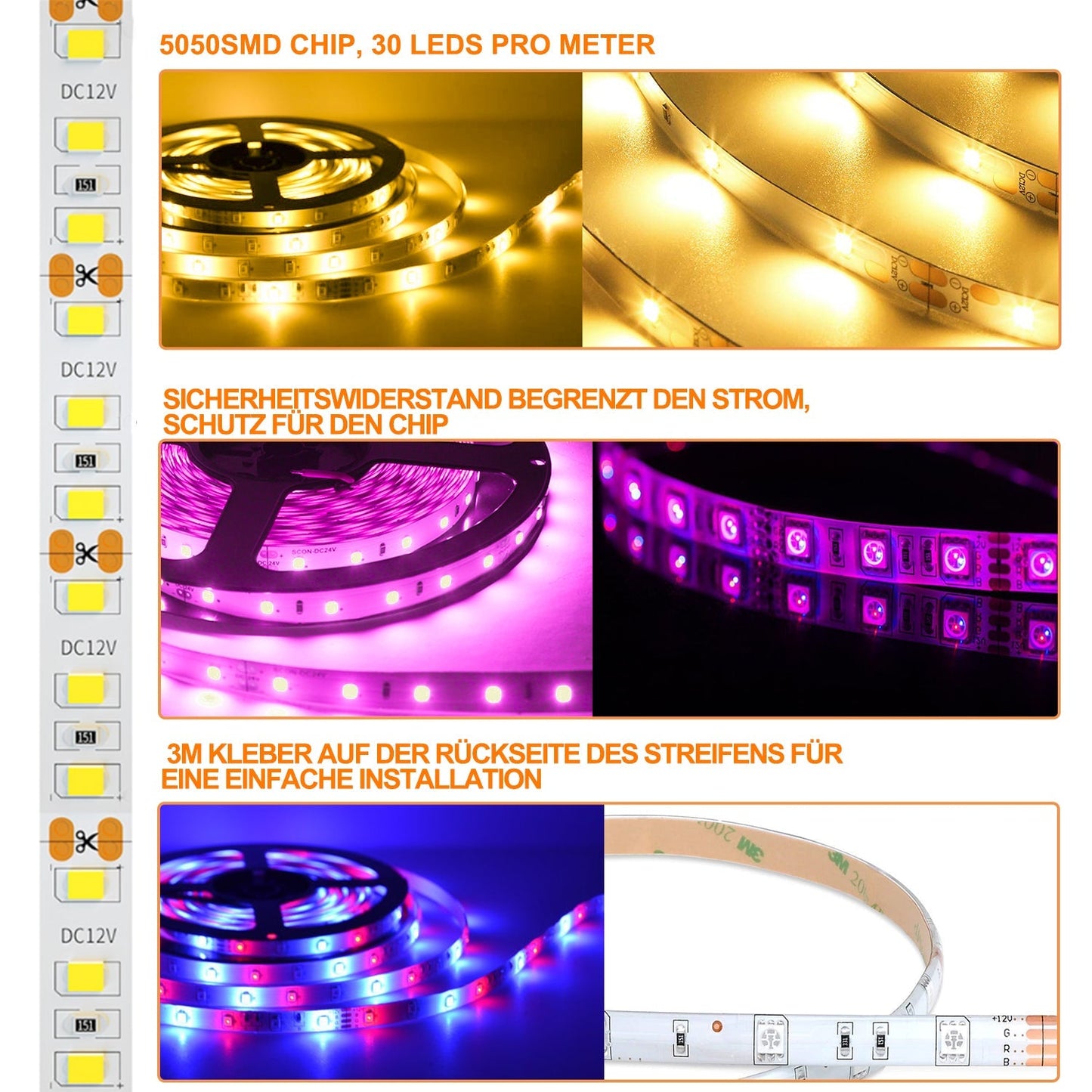 Hengda LED Strip RGB LED Streifen LED Streifenlichter 30 LED 12V Selbstklebend mit 44 Tasten Fernbedienung IP20 LED Band Flexibel für Haus Party Küche [Energieklasse F]