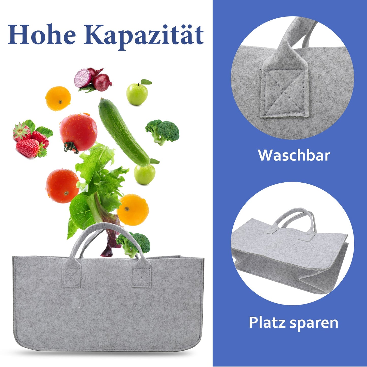 Hengda 2x Filztasche Aufbewahrungskorb Holz Korb Filz Socken Holzkorb Faltbar Kaminholz