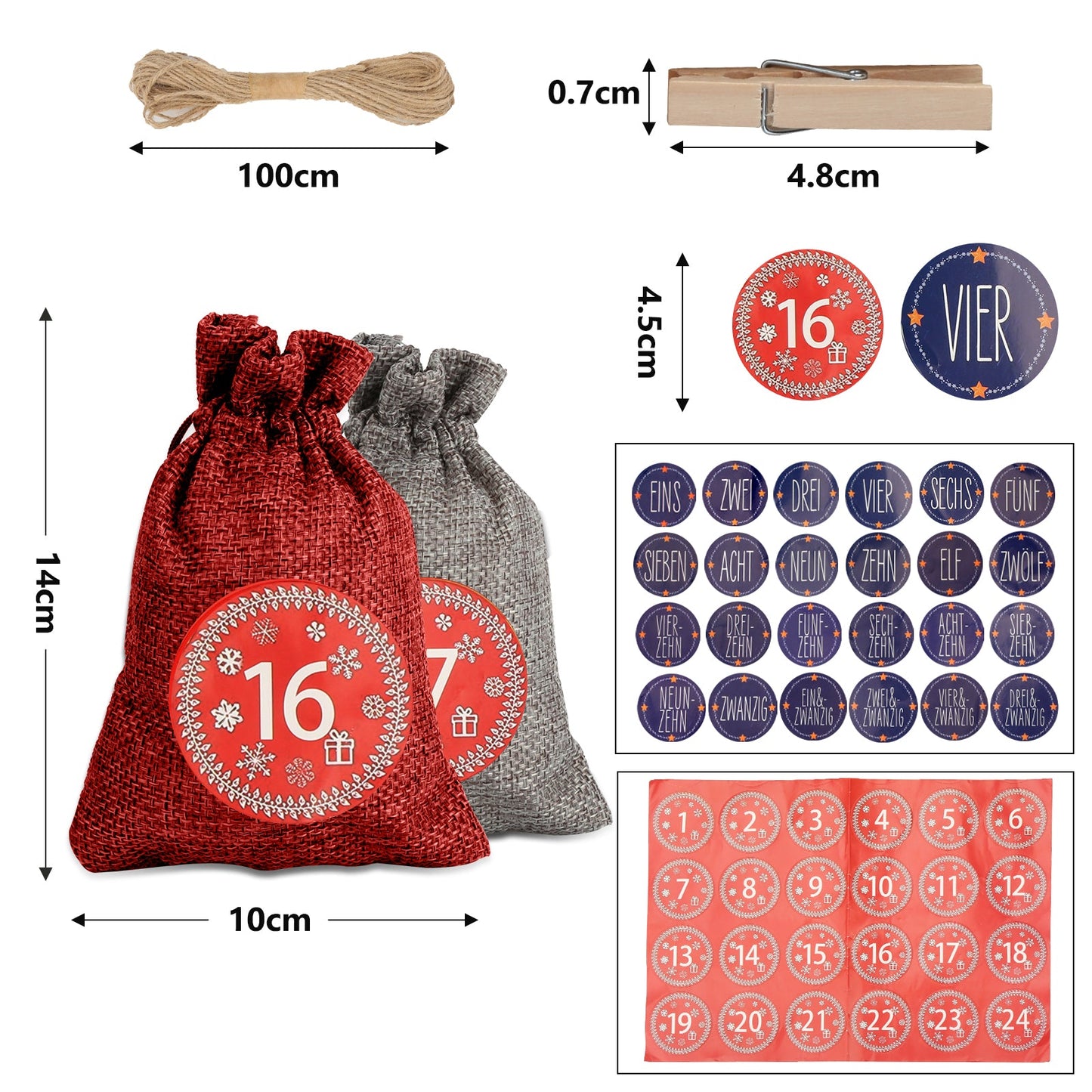 Hengda 24 Adventskalender zum Befüllen Stoffbeutel Weihnachten Geschenksäckchen mit Aufkleber Mini-Holzklammern Hanfseile Weihnachtskalender tüten Geschenkbeutel 22 x 15 cm