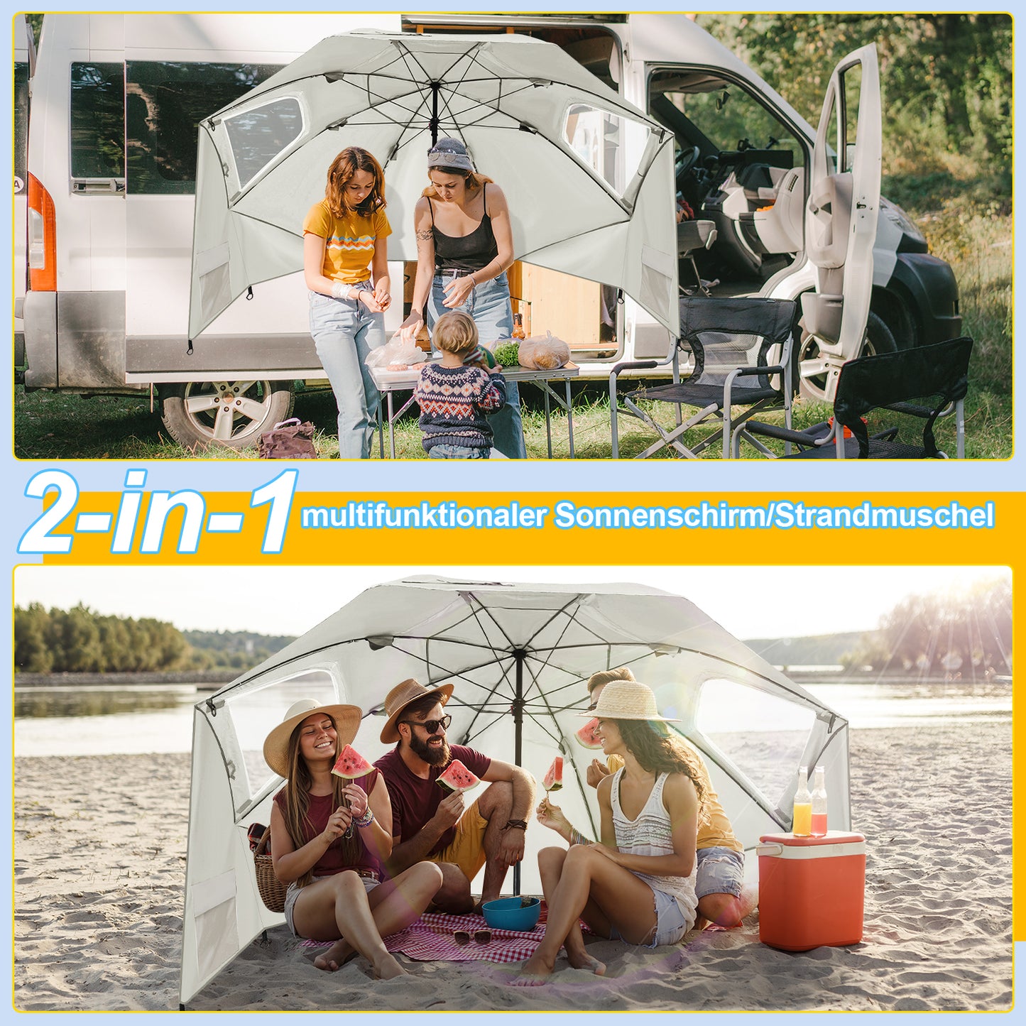 Hengda 2-in-1 Alu Strandschirm, Strandmuschel & Sonnenschirm Ø210×220 cm UV50+, mit Windschutz, faltbar & leicht