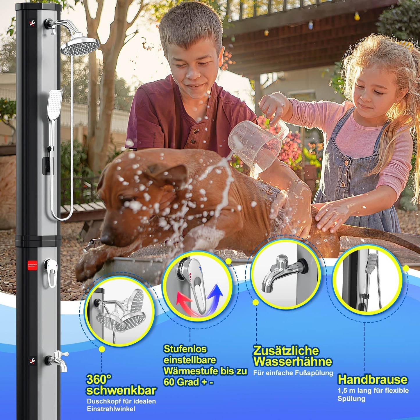 Hengda Solar Gartendusche 20/35/40 L mit Regenduschkopf & Schutzhaube | Solardusche bis 60 °C ohne Strom | Outdoor Pooldusche für Garten, Camping & Terrasse