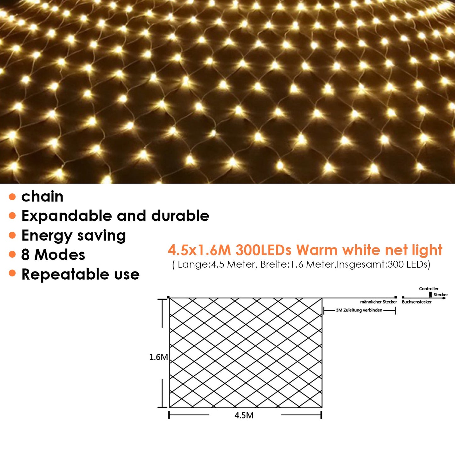 Hengda LED Lichternetz Lichtervorhang Lichterkette Außenlichterkette Strip 8 Modi