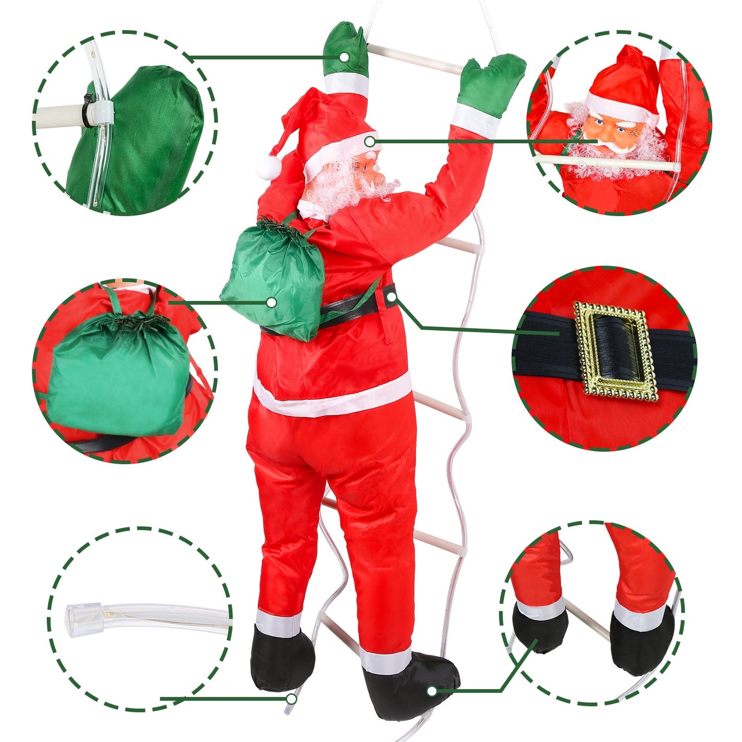Hengda Weihnachtsmann auf Leiter 120cm mit 80 LED beleuchtet Weihnachts Deko Kletternder Nikolaus für Innen- und Außen