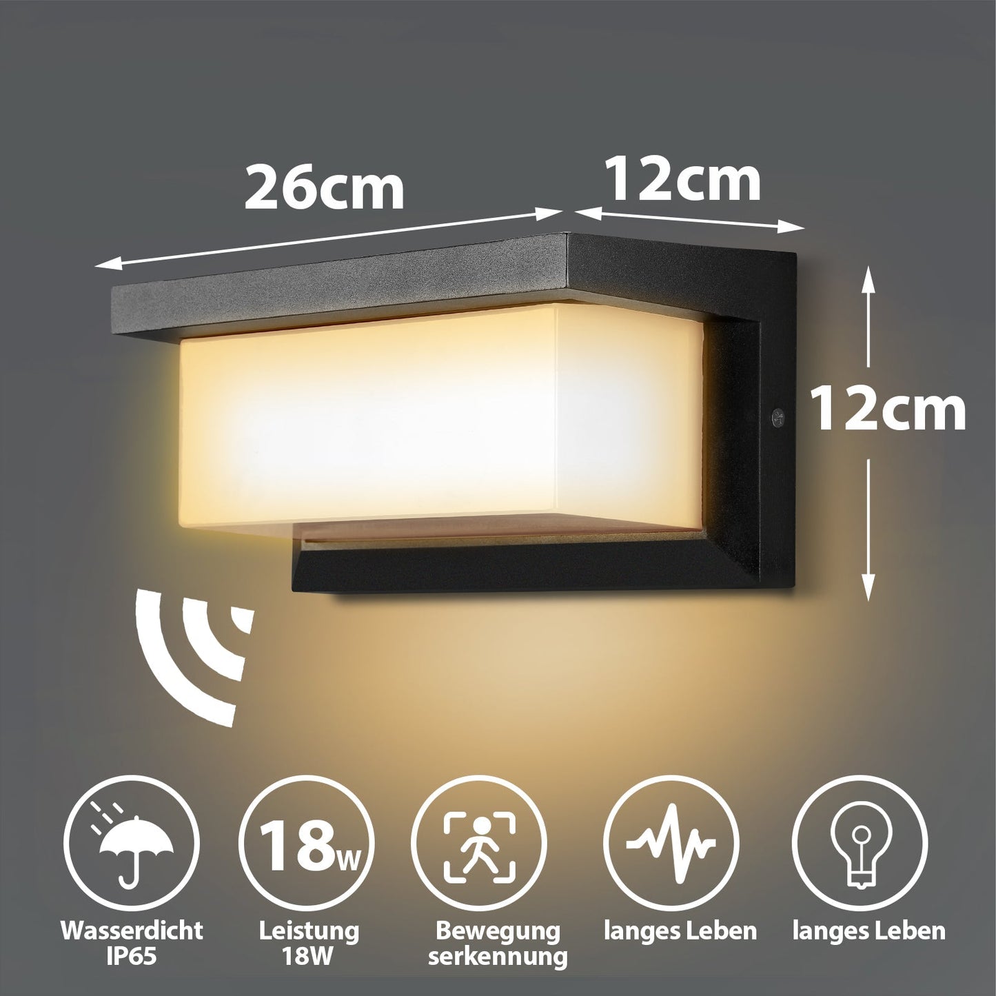 Hengda LED Wandleuchte 18W LED Wandlampe Sensor Wandleuchte IP65 Außenleuchte mit Bewegungsmelder