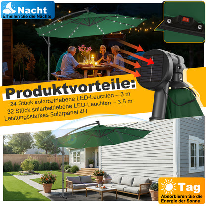 Hengda Sonnenschirm 300/350 cm mit LED Solar, Kurbelschirm  mit Kurbel und Ständer