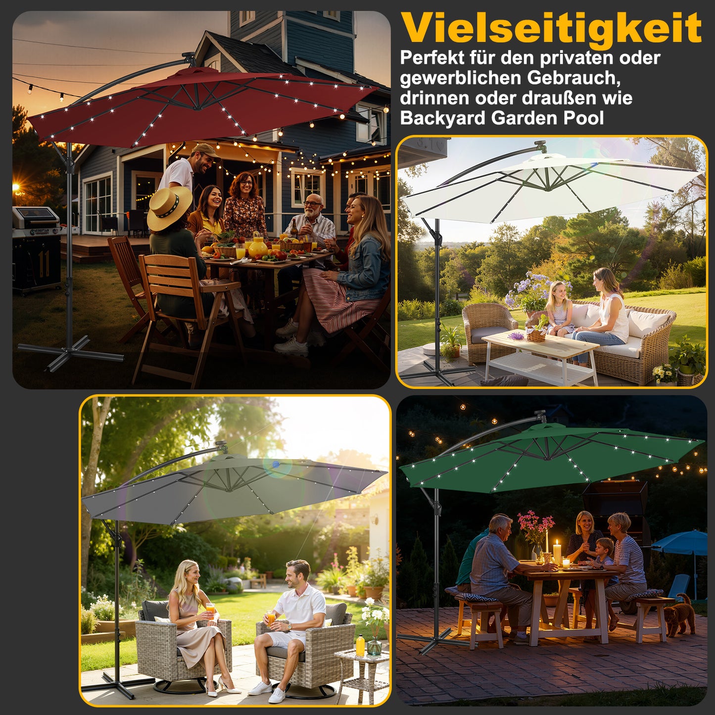 Hengda Sonnenschirm 300/350 cm mit LED Solar, Kurbelschirm  mit Kurbel und Ständer