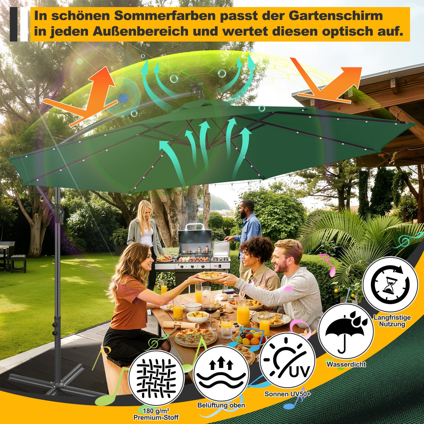 Hengda Sonnenschirm 300/350 cm mit LED Solar, Kurbelschirm  mit Kurbel und Ständer