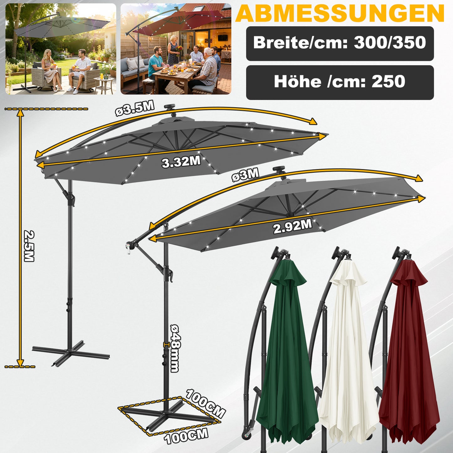 Hengda Sonnenschirm 300/350 cm mit LED Solar, Kurbelschirm  mit Kurbel und Ständer