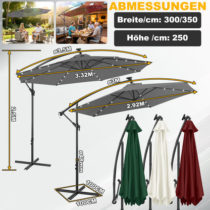Hengda Sonnenschirm 300/350 cm mit LED Solar, Kurbelschirm  mit Kurbel und Ständer