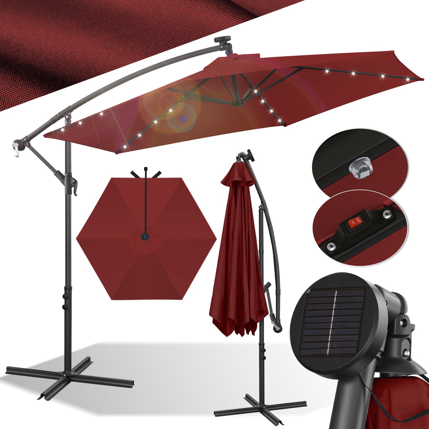 Hengda Sonnenschirm 300/350 cm mit LED Solar, Kurbelschirm  mit Kurbel und Ständer