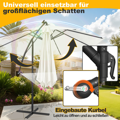Hengda Sonnenschirm 300/350 cm mit LED Solar, Kurbelschirm  mit Kurbel und Ständer