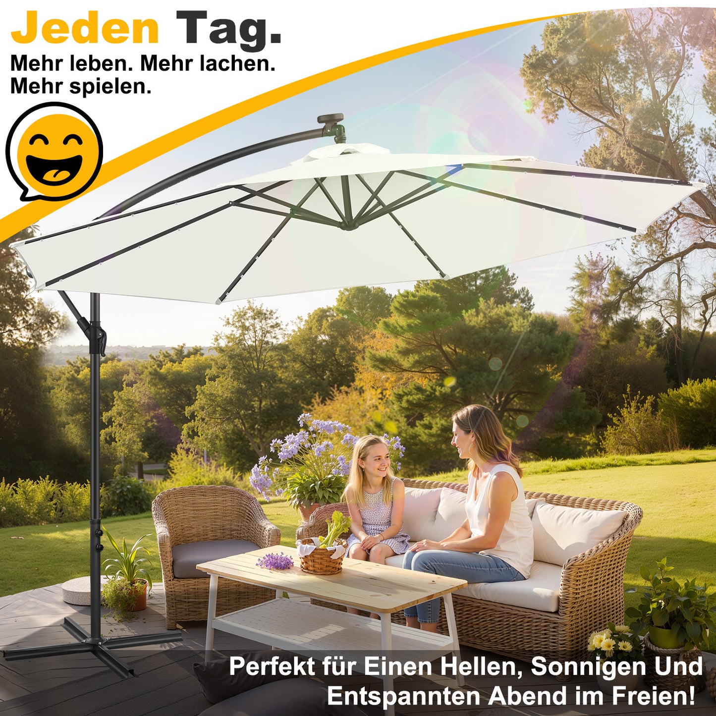 Hengda Sonnenschirm 300/350 cm mit LED Solar, Kurbelschirm  mit Kurbel und Ständer