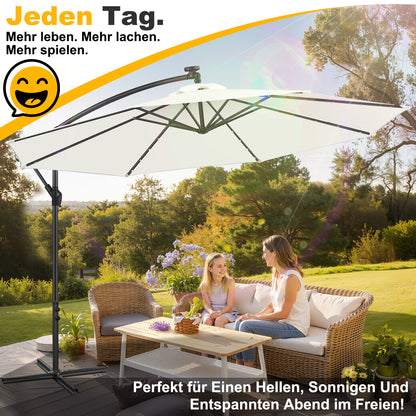 Hengda Sonnenschirm 300/350 cm mit LED Solar, Kurbelschirm  mit Kurbel und Ständer