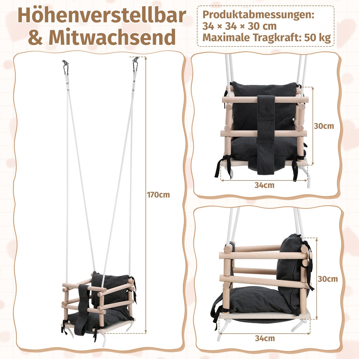 Hengda Babyschaukel, Kinderschaukel aus Holz, Höhenverstellbarer Schaukelsitz mit Polsterung, Tragkraft 50kg, Indoor Outdoor