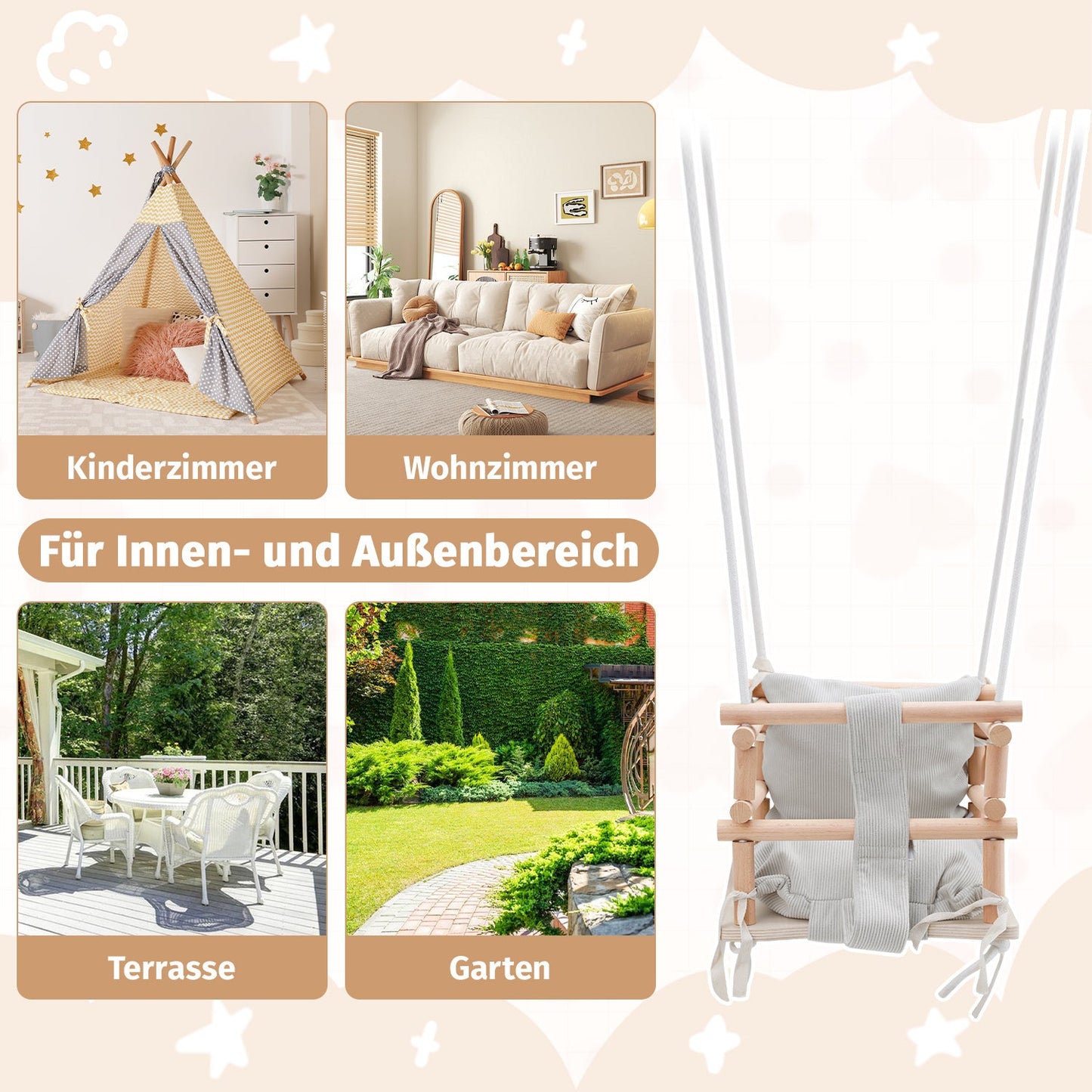 Hengda Babyschaukel, Kinderschaukel aus Holz, Höhenverstellbarer Schaukelsitz mit Polsterung, Tragkraft 50kg, Indoor Outdoor