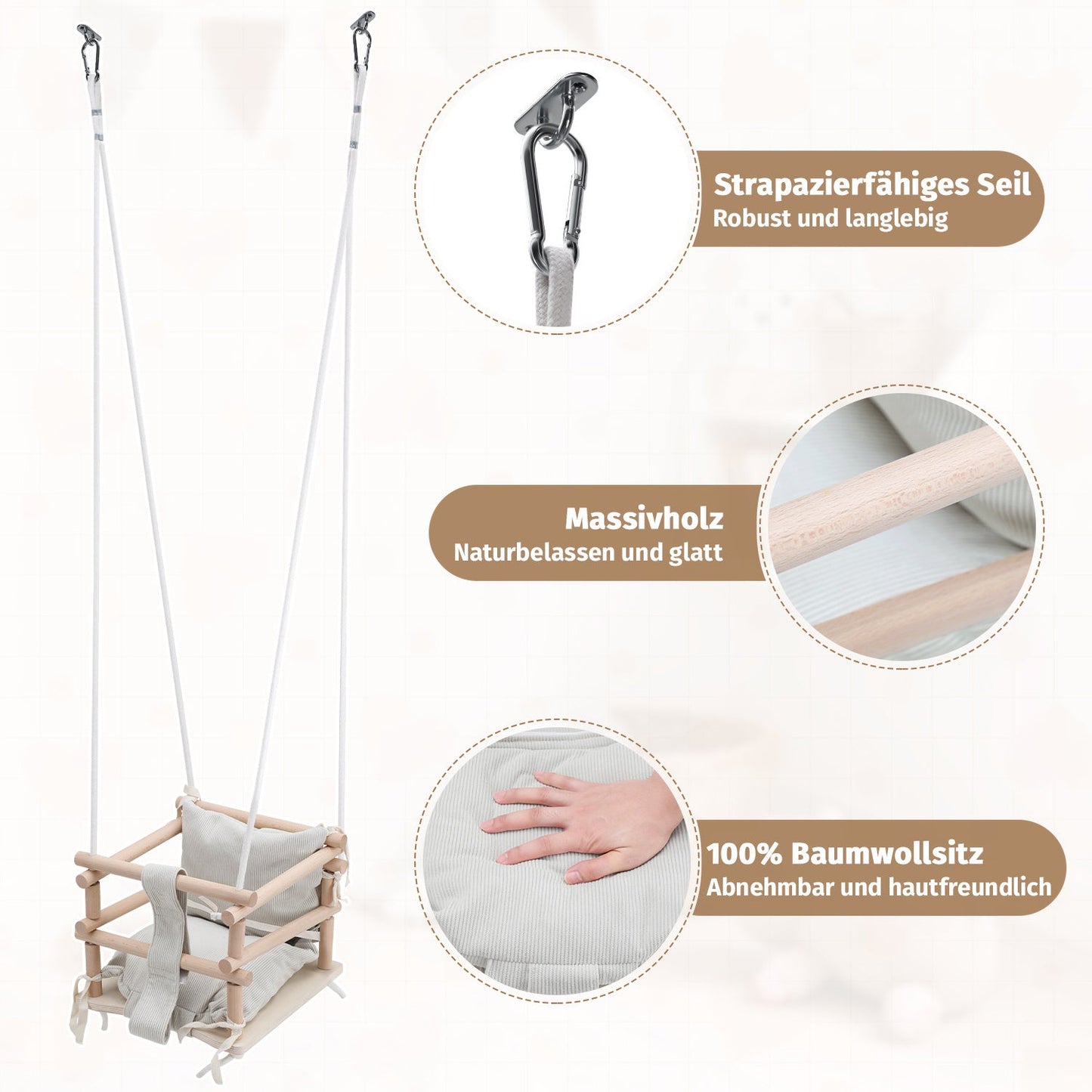 Hengda Babyschaukel, Kinderschaukel aus Holz, Höhenverstellbarer Schaukelsitz mit Polsterung, Tragkraft 50kg, Indoor Outdoor